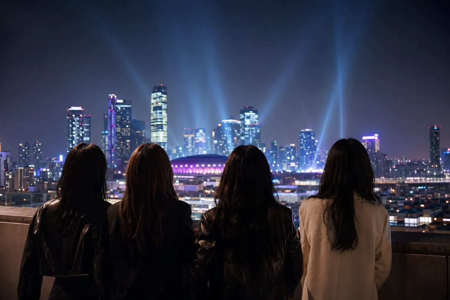 서울 야경과 공연장 조명을 바라보는 네 명의 뒷모습으로 표현한 빅뱅 월드투어 기대감