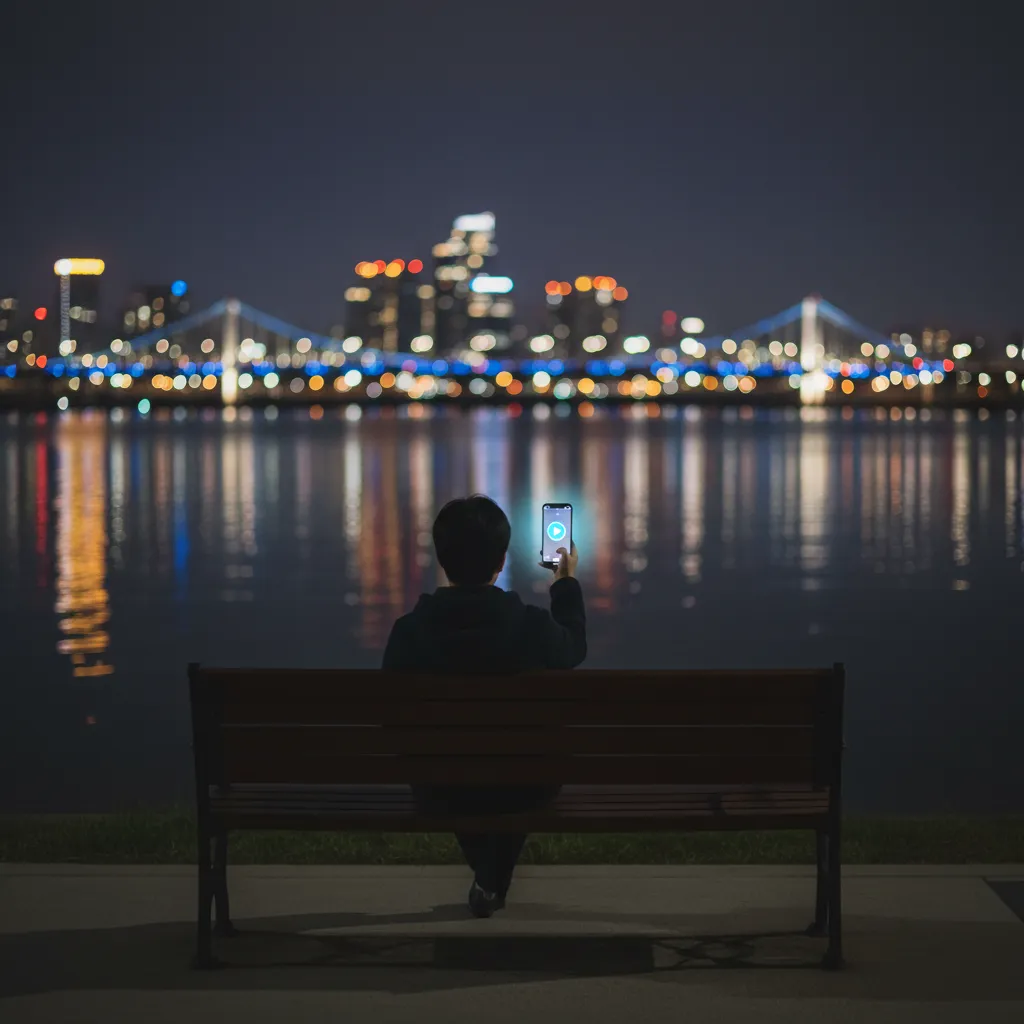 A person on a riverbank bench watching a video on phone, symbolizing YouTube web entertainment