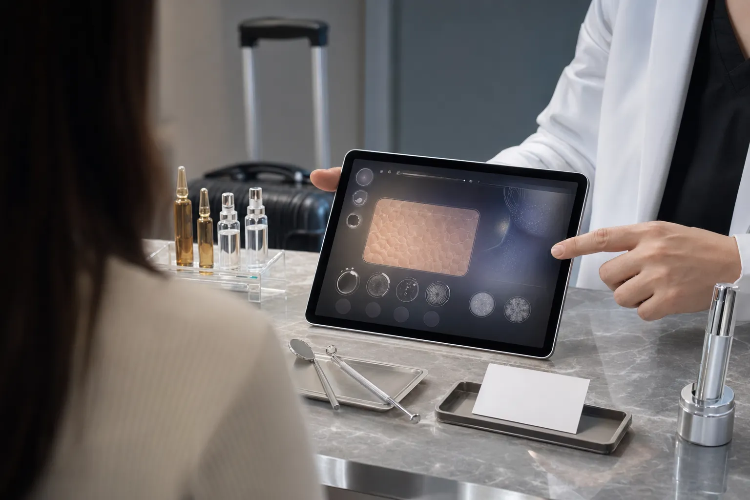 Dermatology consultation setup in Seoul with skincare tools and travel details.
