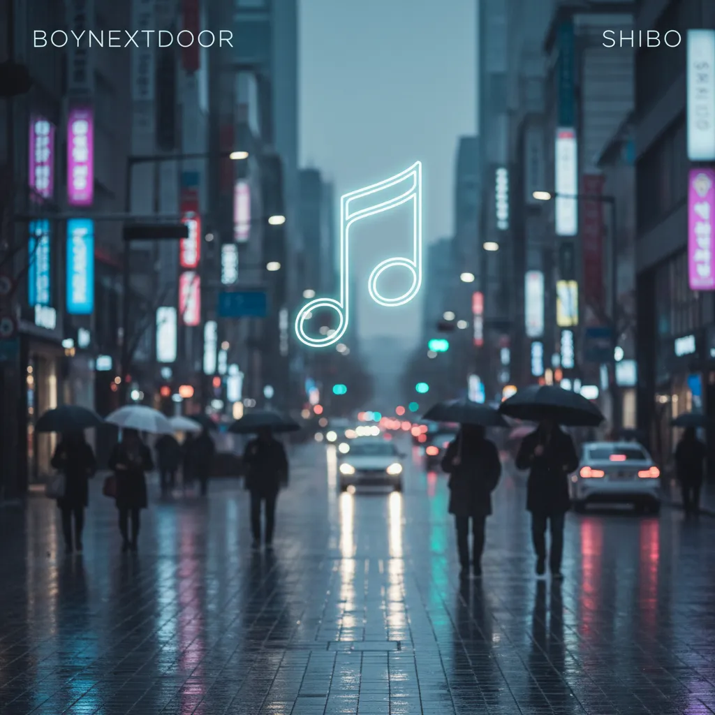 Wet street near Shinsegae Square with neon reflections and musical note silhouette