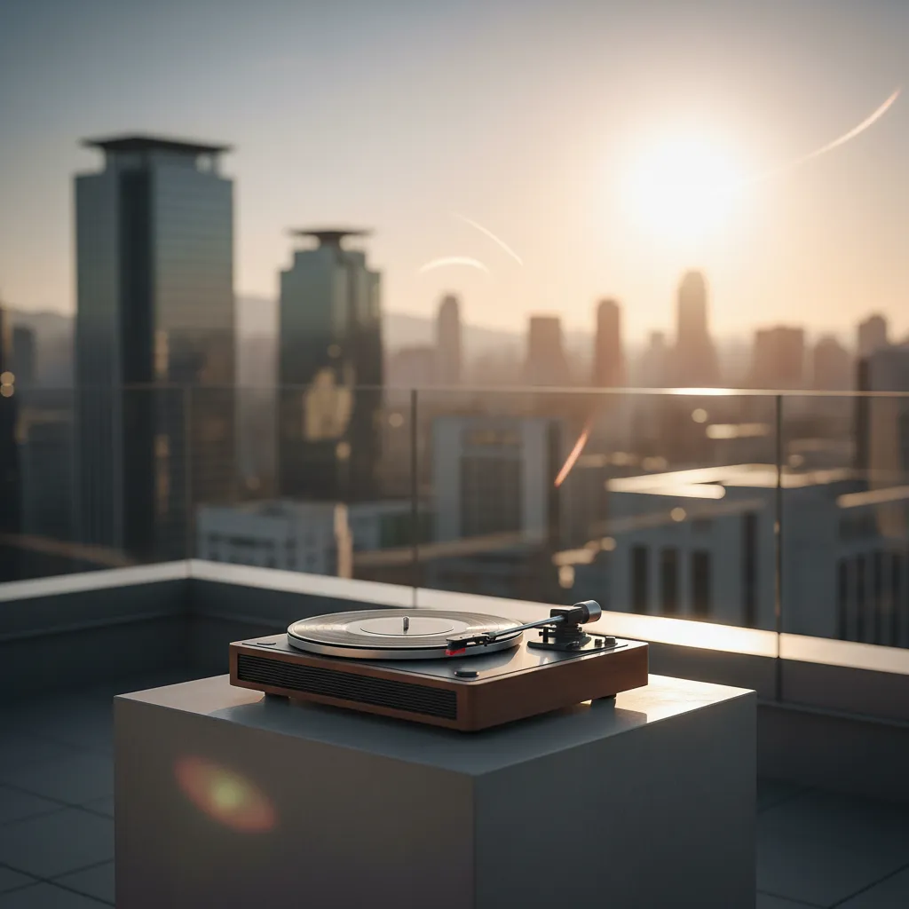 Rooftop record player at sunset evoking the mood of ITZY's upcoming Motto release