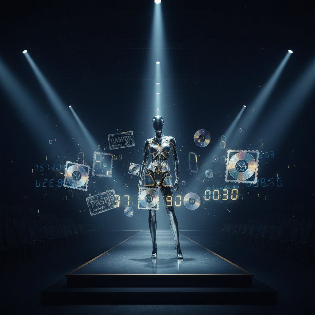 A faceless mannequin on a foggy luxury stage surrounded by floating holographic travel and music motifs, evoking anticipation for a major 2024 comeback.