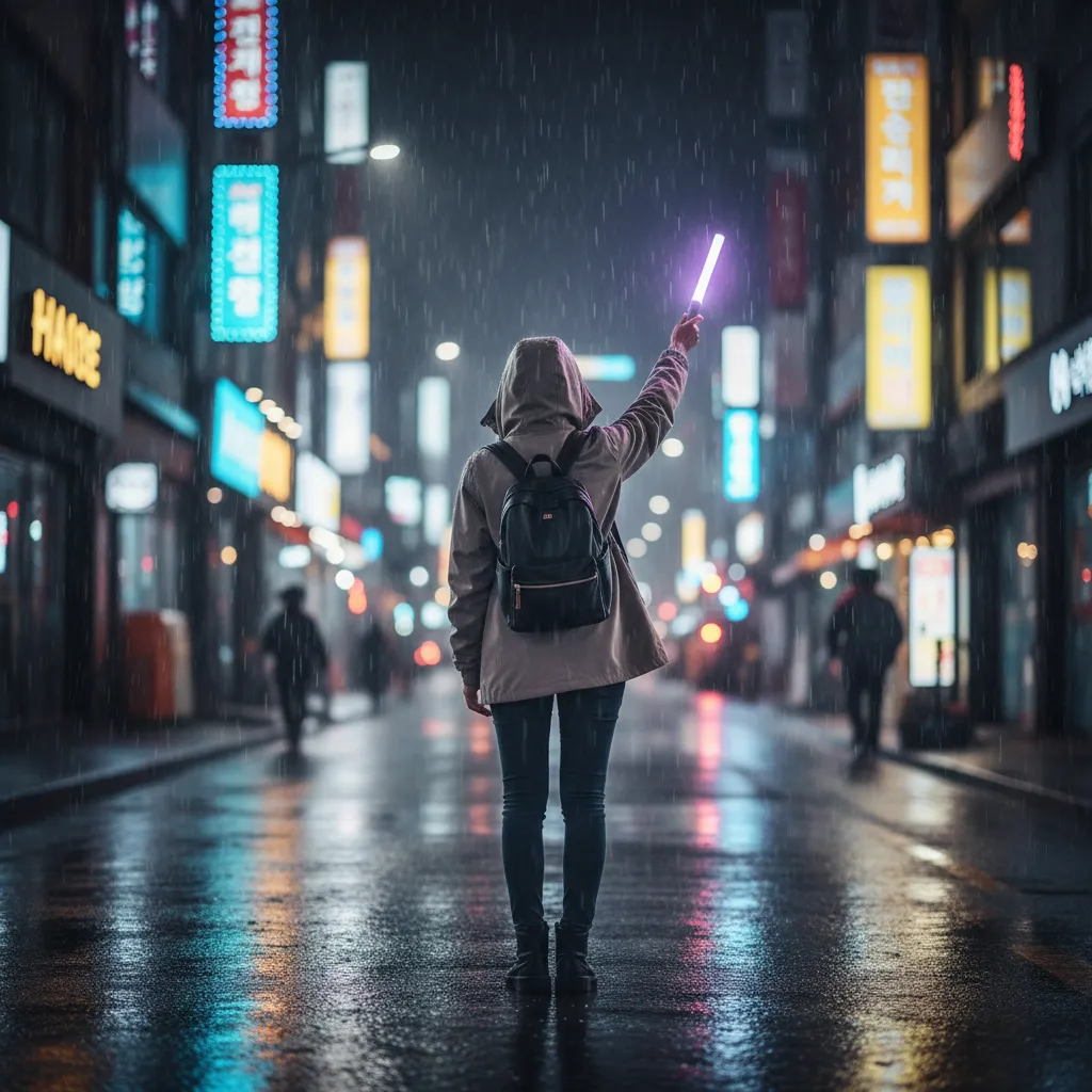 Back view of a person holding a lightstick on a rainy Seoul street