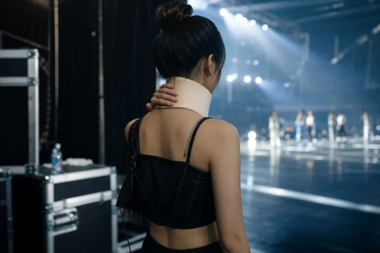 Kim Chaewon Neck Injury LE SSERAFIM member resting after medical advice stage concept