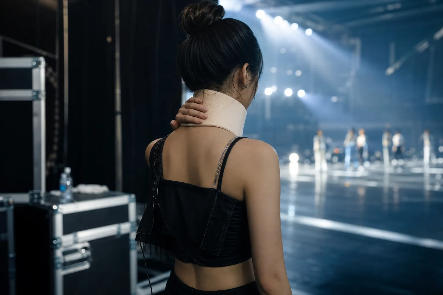Kim Chaewon Neck Injury LE SSERAFIM member resting after medical advice stage concept