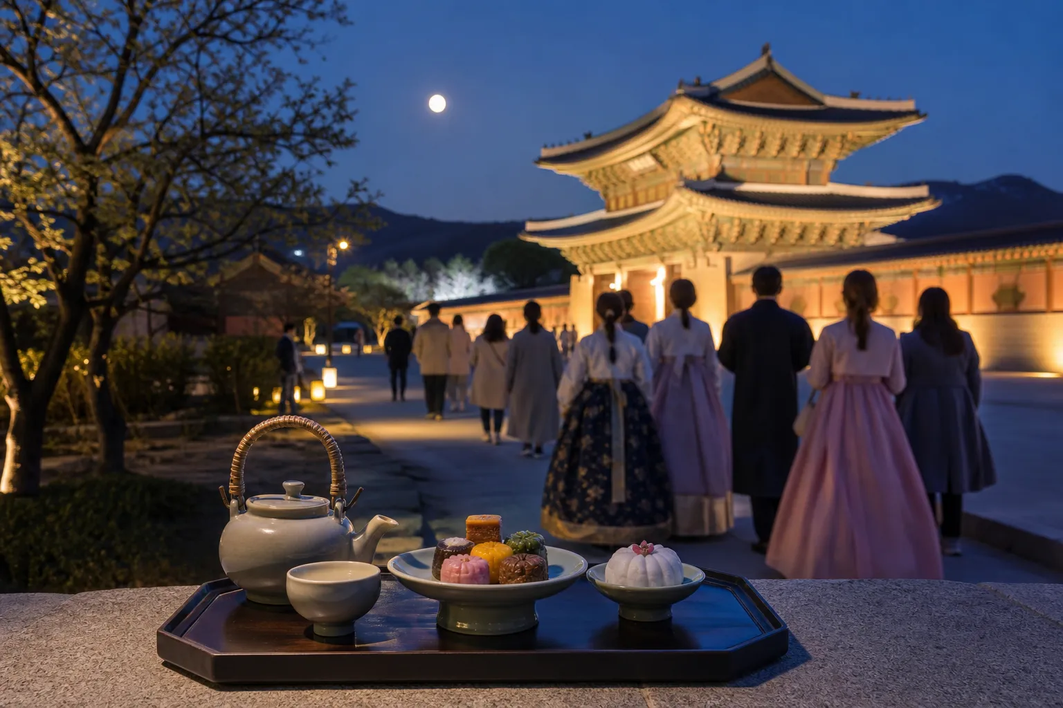 Gyeongbokgung spring night opening desserts Saenggwabang Seoul travel guide concept