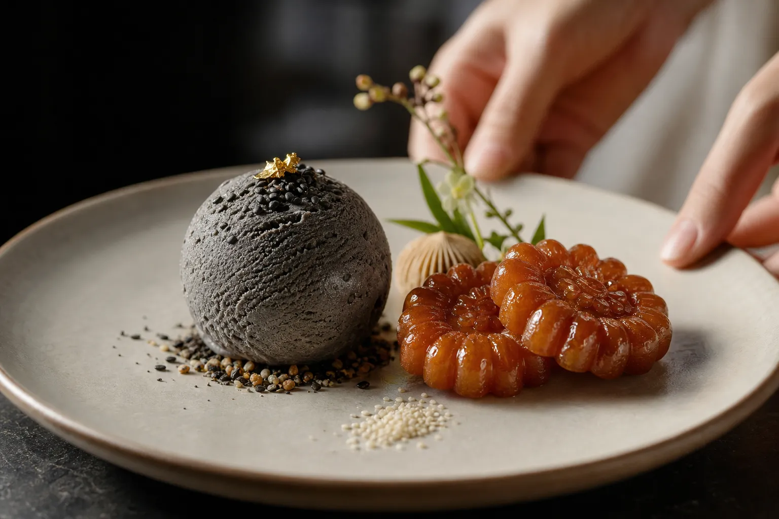 Aeum black sesame gelato with layered yakgwa K-Heritage dessert trend