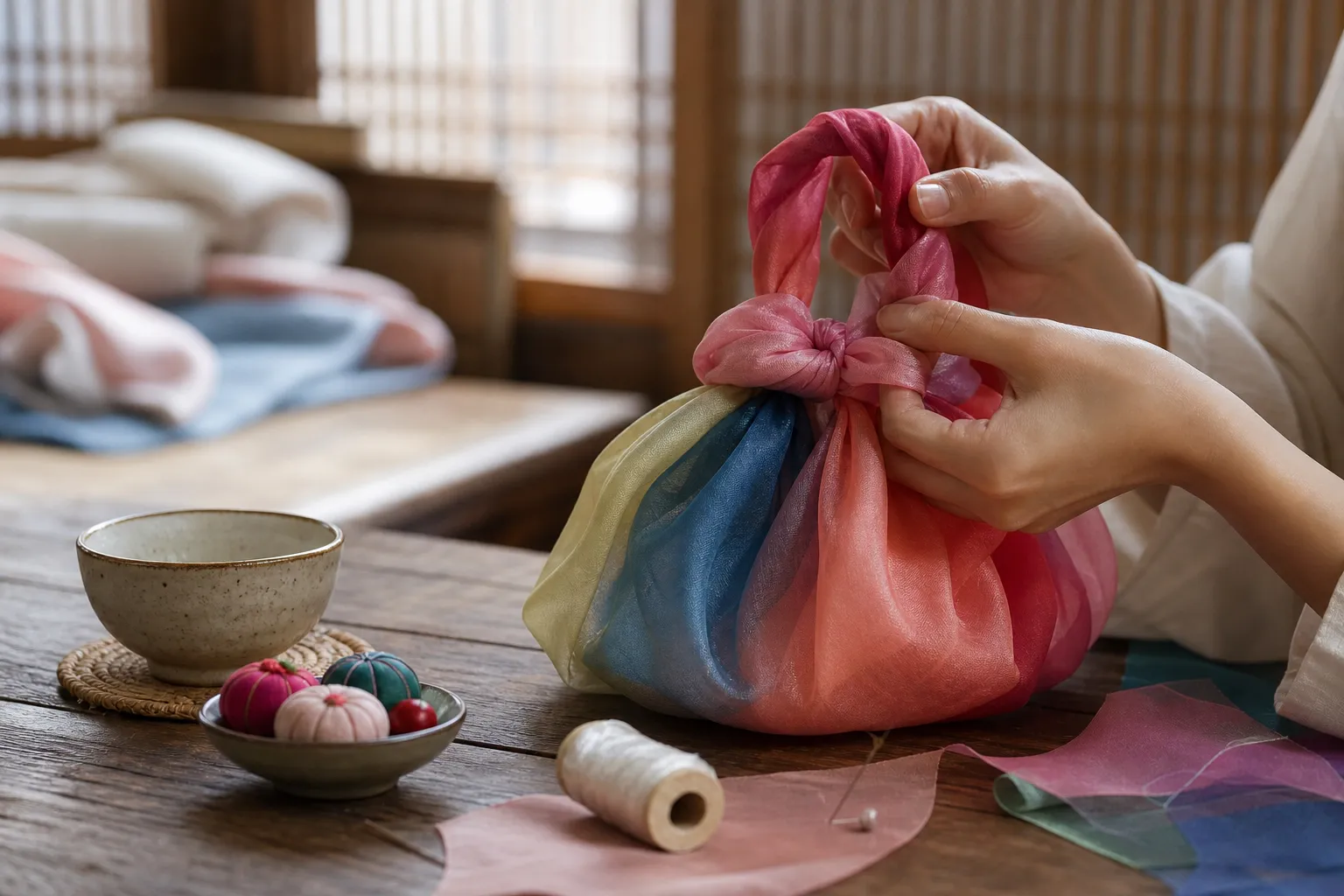 Namsangol bojagi knot bag workshop at Namsangol Hanok Village