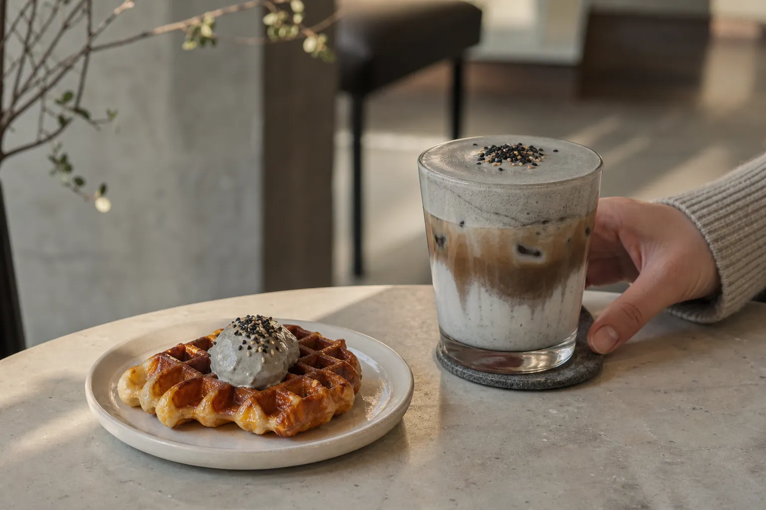 Vetiver black sesame latte croffle pairing in Seongsu
