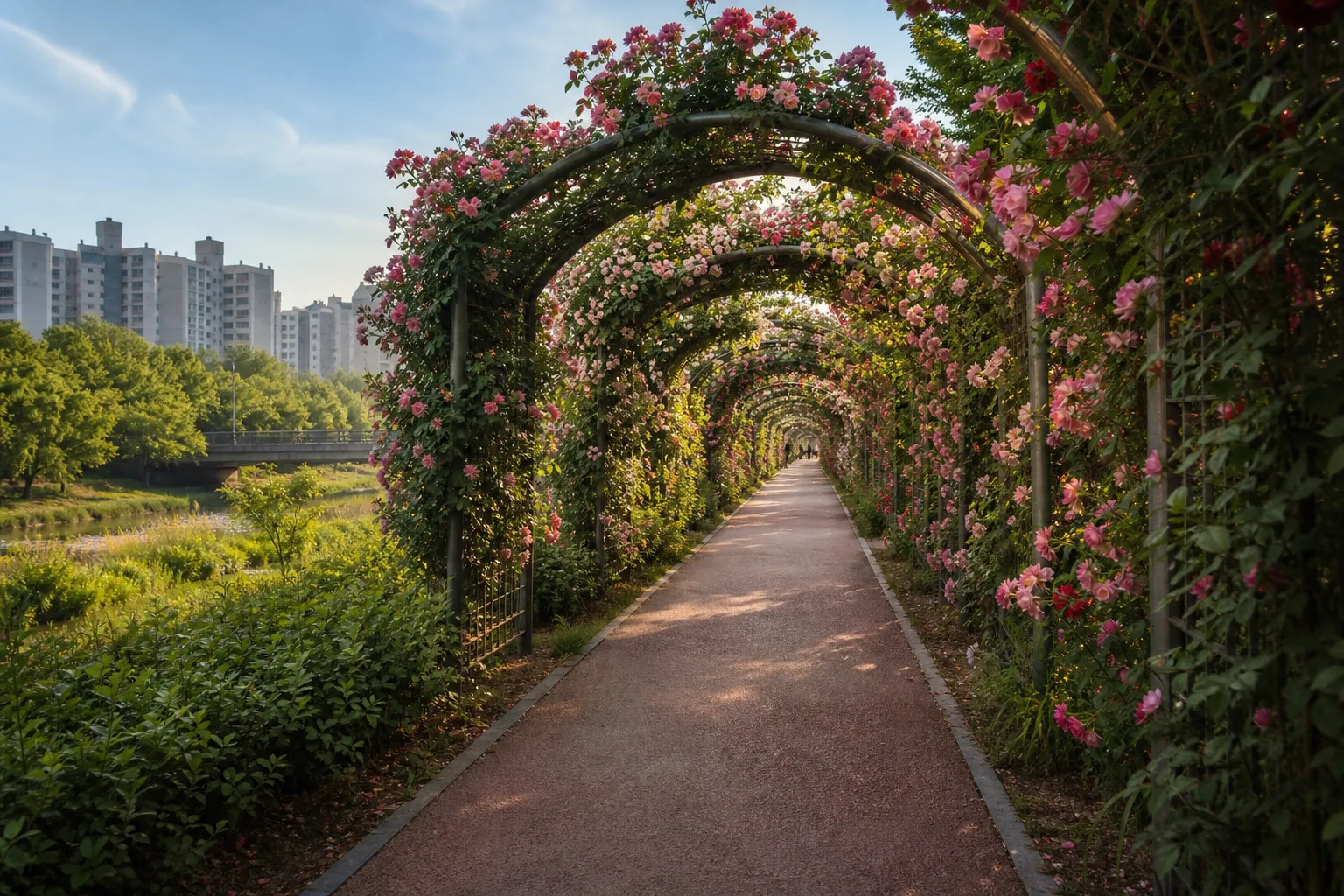 Jungnangcheon Rose Tunnel walking path in Jungnang Rose Park Seoul