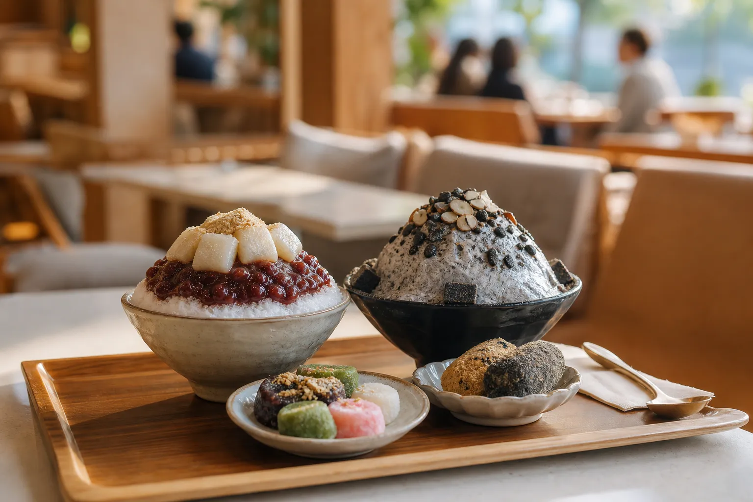 Seongbuk-dong Harutteok Bingsu black sesame bingsu and patbingsu
