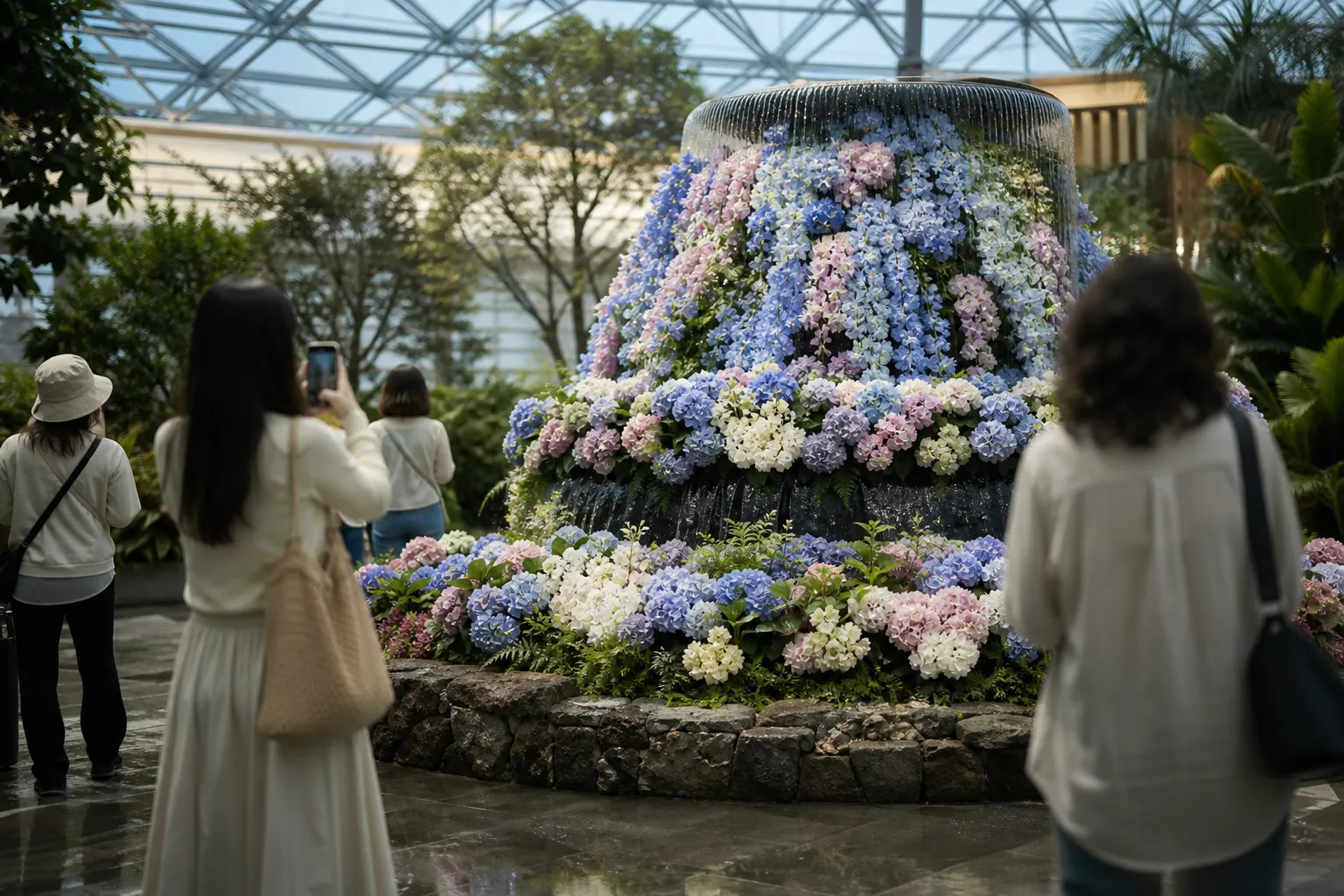 Seoul Botanic Park hydrangea flower fountain photo zone at 2026 Romantic Hydrangea Show