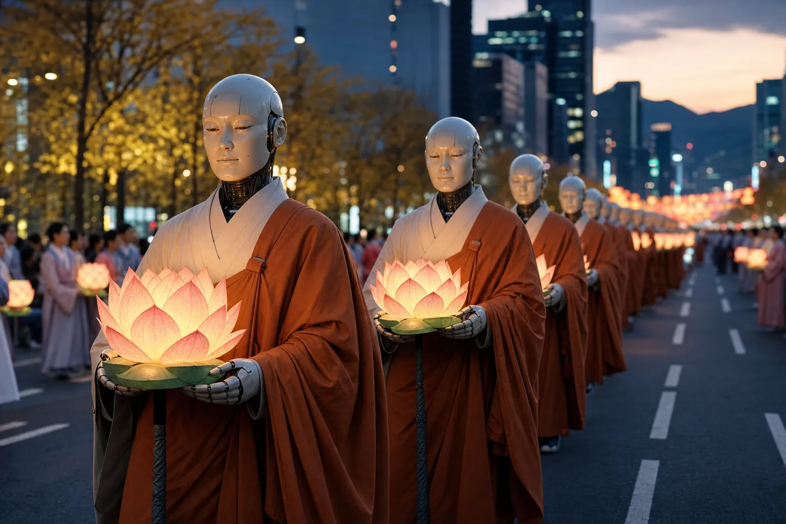 Robot Monks leading Seoul 2026 Lotus Lantern Parade route concept