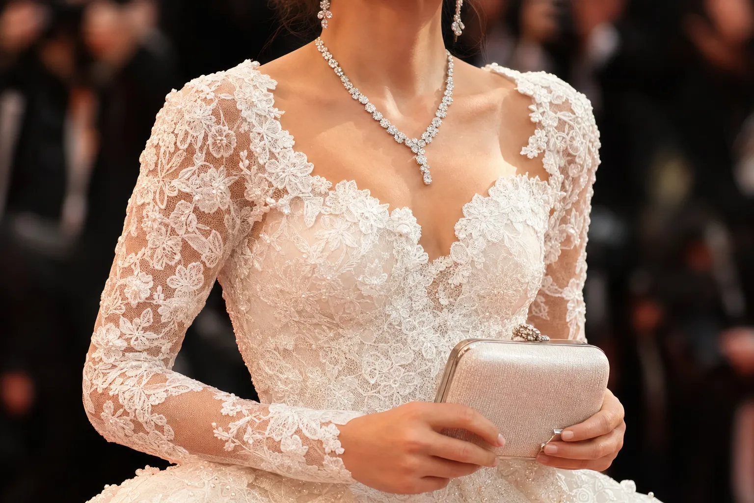 YoonA Cannes Dress lace gown detail with Qeelin jewelry Cannes red carpet concept