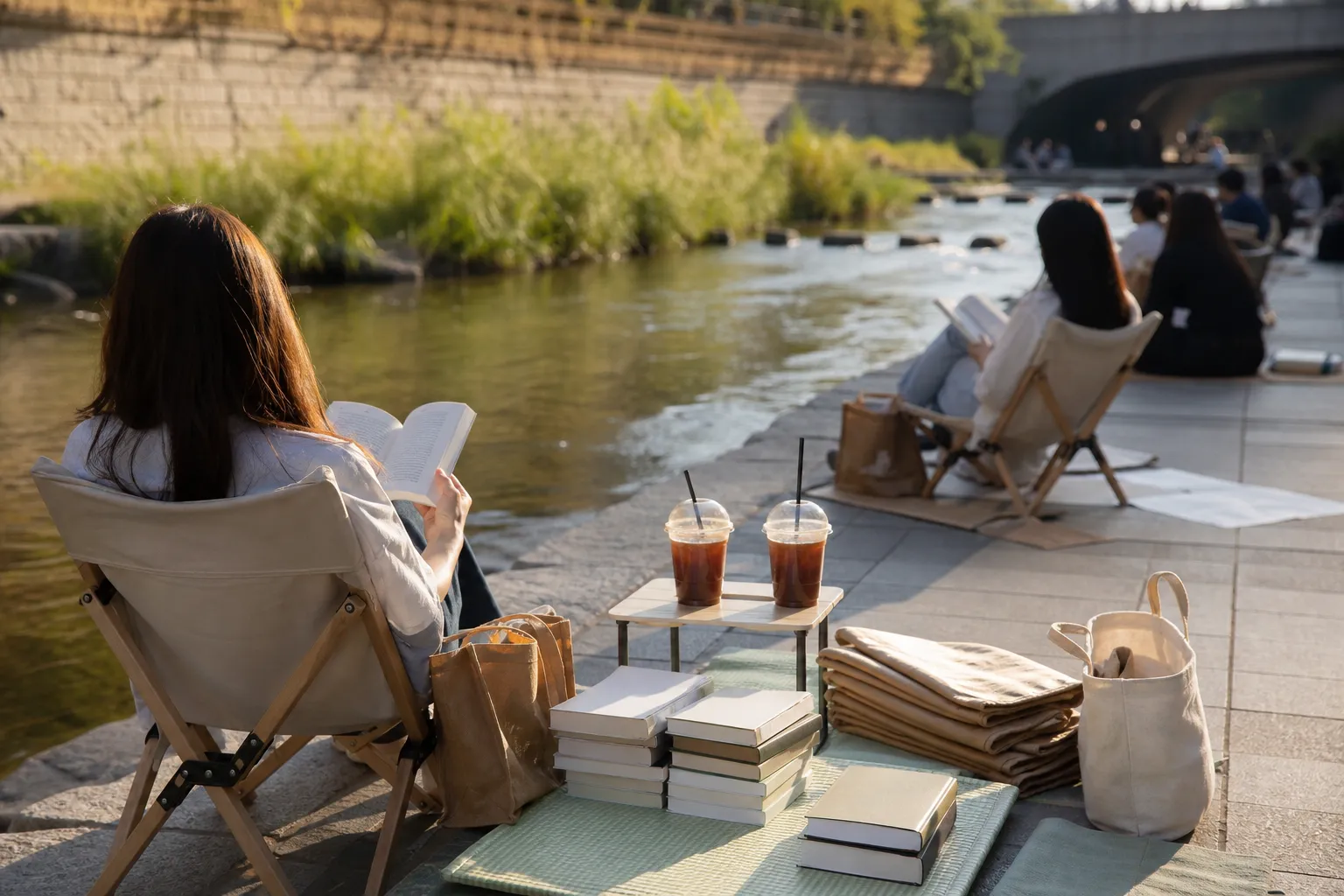 Reading by the Clear Stream Cheonggyecheon Outdoor Library Seoul picnic seating