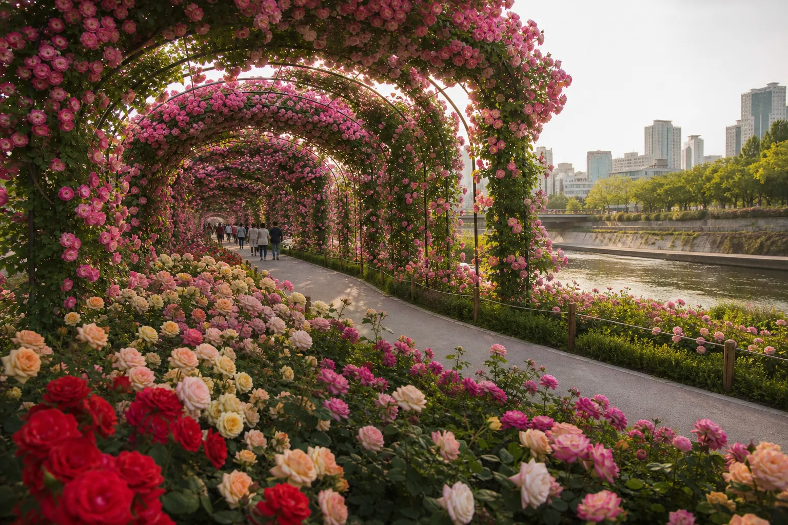 Jungnangcheon Rose Tunnel Seoul Rose Festival walking route