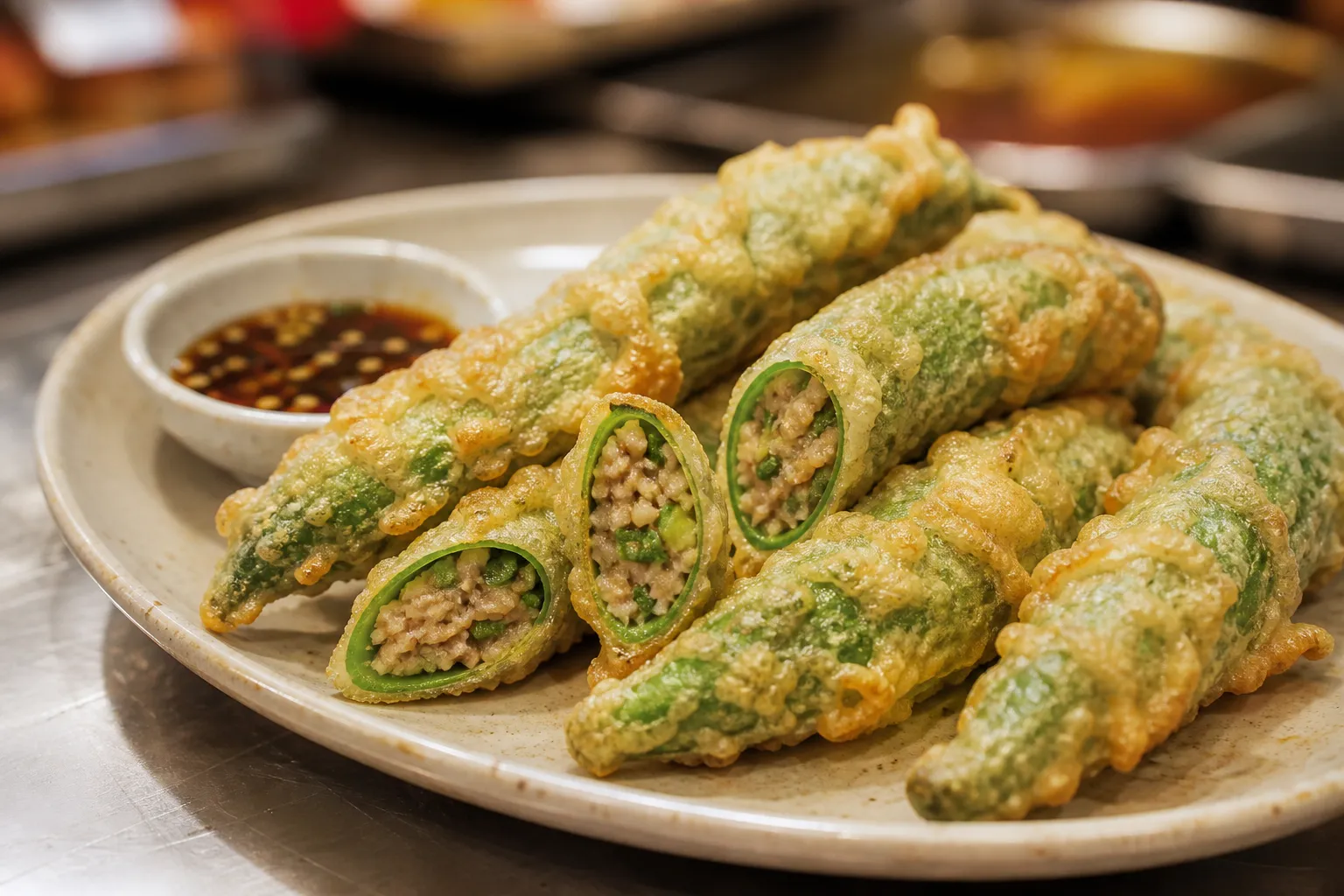Mangwon Market Gochu Twigim Wooirak stuffed fried pepper Seoul food trend