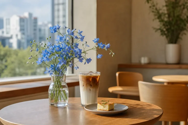 Cafe Colline Delphinium blue early-summer flower mood at Colline Hongdae Cafe