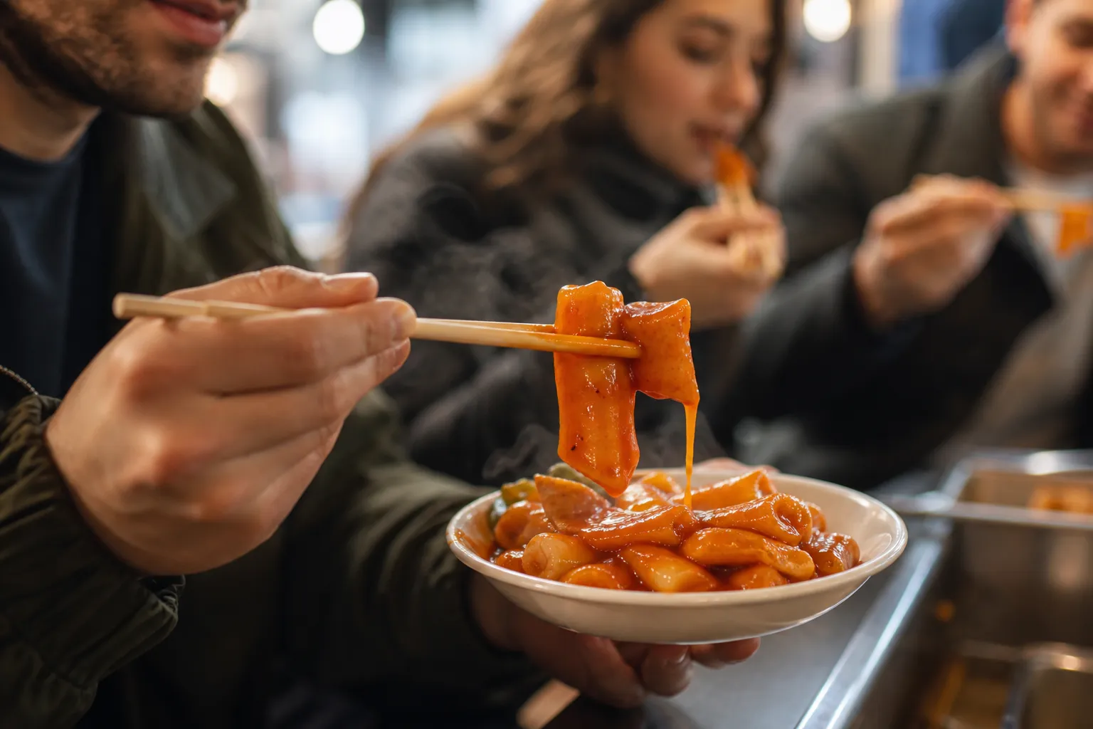 foreign food fans tasting tteokbokki texture in Seoul