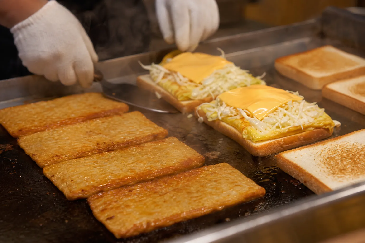 Bupyeong Market eomuk toast preparation at Bokdaenginae Eomuk