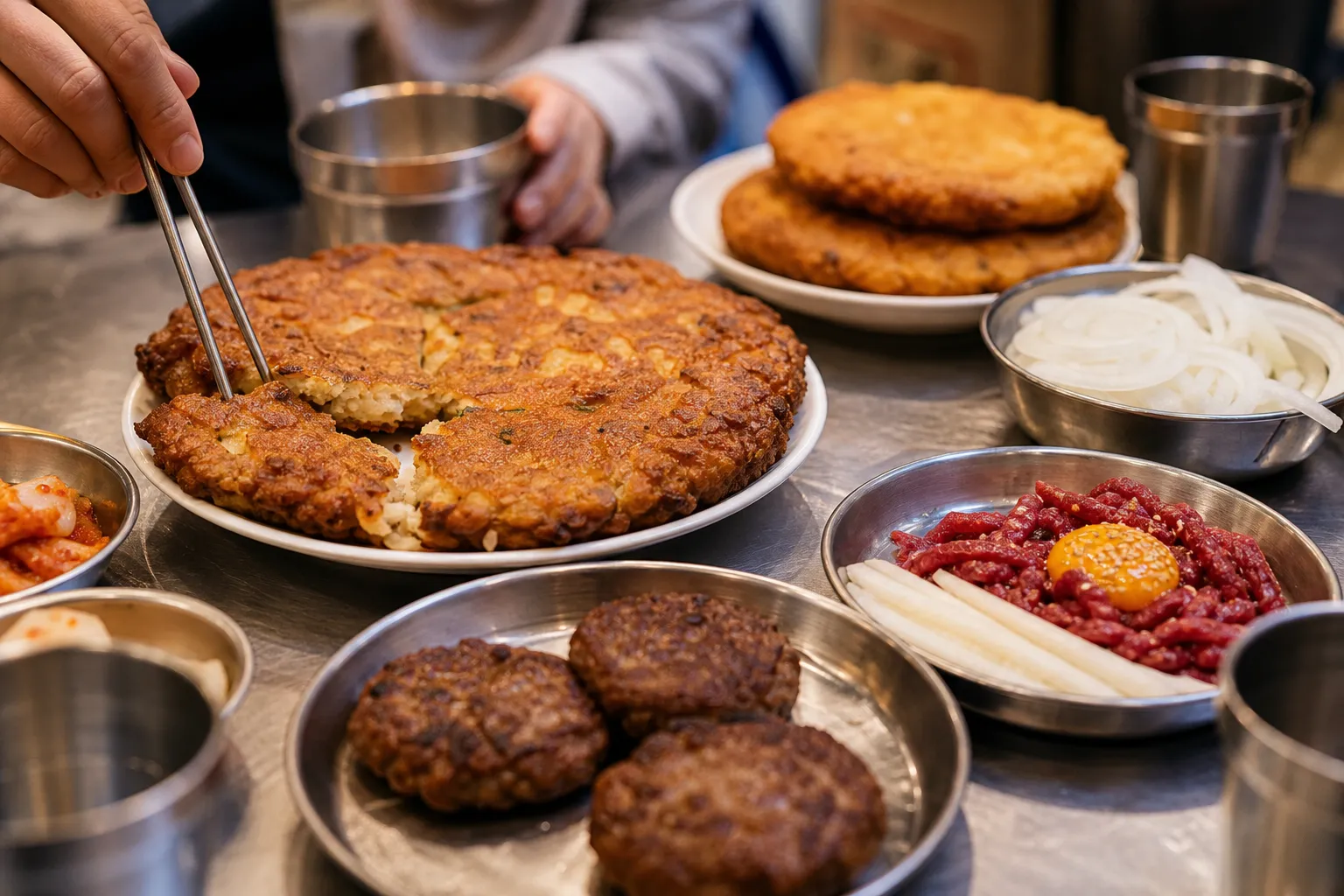 Wonjo Sunhui-ne Bindaetteok mung bean pancakes meat patties and yukhoe Seoul