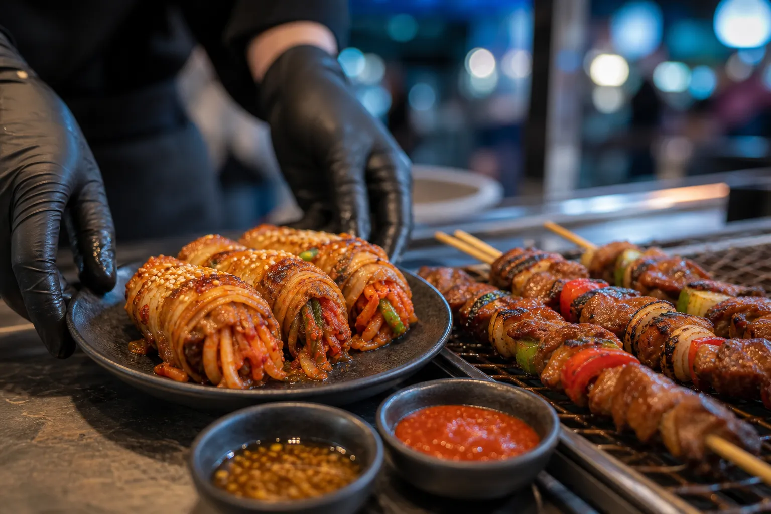 Gumi Romantic Night Market Food Guide: What to Eat at the 2026 Sweet Romantic Night Market 2 Gumi Romantic Night Market samgyeop kimchi rolls and kebabs