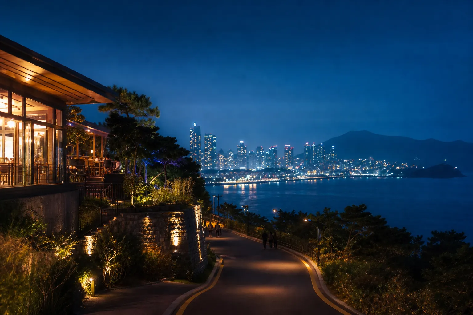 New Dalmaji Road Cafes: Eke, Cafe Arbre, and the Changing Haeundae Dalmaji Cafes Scene 3 Haewoljeong Dalmaji Road night view Haeundae cafe upgrades