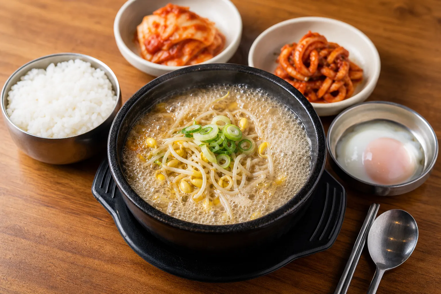 Jeonju Ogeori Kongnamul Gukbap menu and style