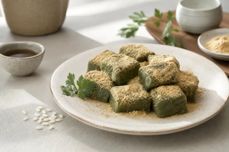 Low-Sugar Jeju Mugwort Injeolmi traditional tteok concept