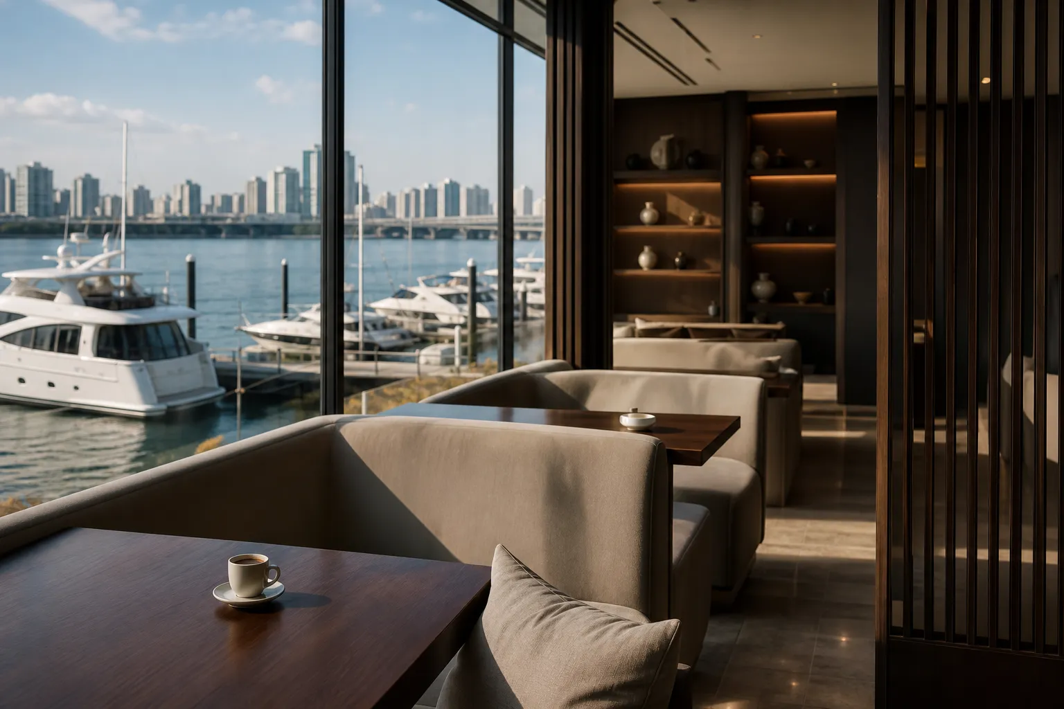 로얄마리나 한강점 EDIYA Coffee Hangang cafe interior with yacht view