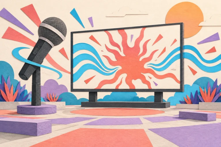 Conceptual paper illustration of a microphone and large screen with colorful sound waves in an imaginary plaza.