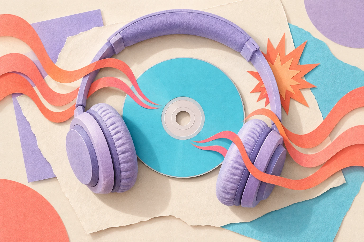 Conceptual paper illustration of lilac headphones around a cyan disc with coral sound waves, symbolizing album listening.