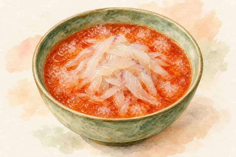Watercolor concept art of finely sliced flounder mulhoe in icy red chojang-based broth.