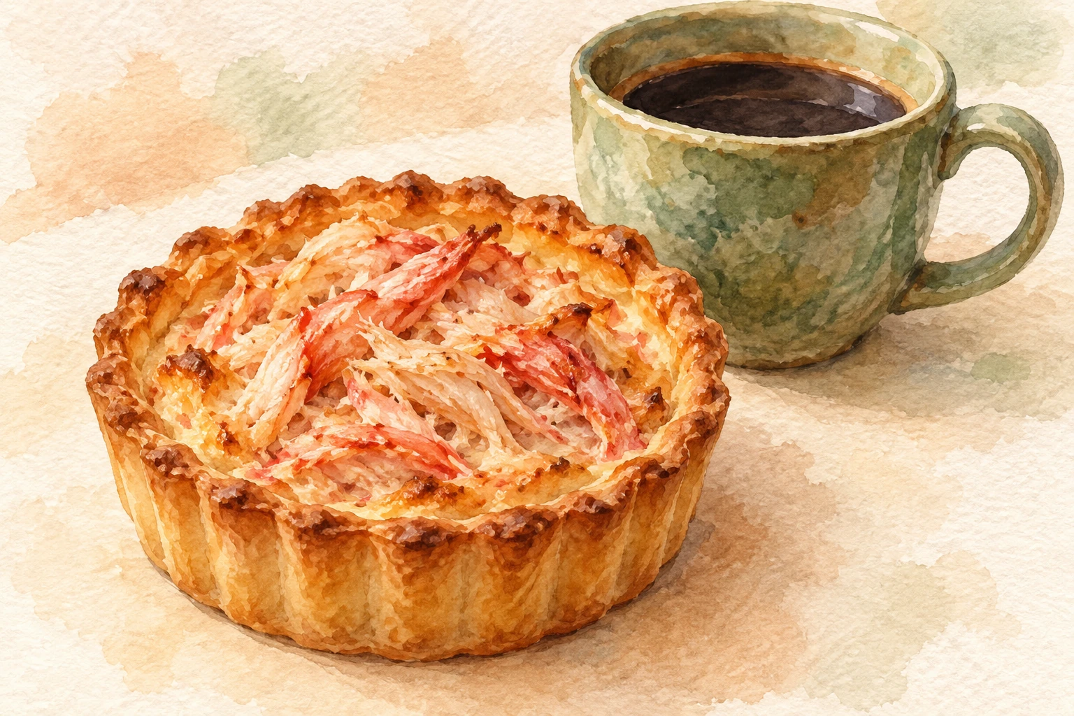 Five Sokcho Food Stops for Mulhoe, Dumplings and Crab Tarts 2 Watercolor concept art of a red snow crab tart with rosé-sauce filling beside coffee in a green ceramic cup.