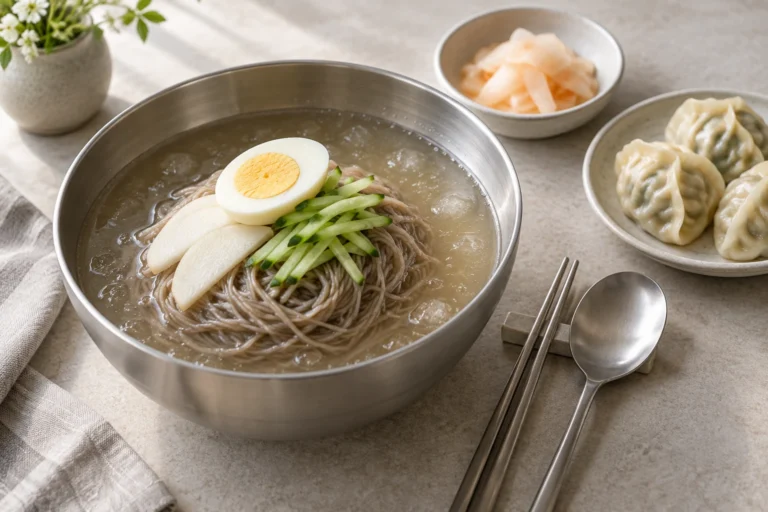 Conceptual illustration of cold buckwheat noodles with egg, cucumber and pear, accompanied by dumplings and pickled radish.