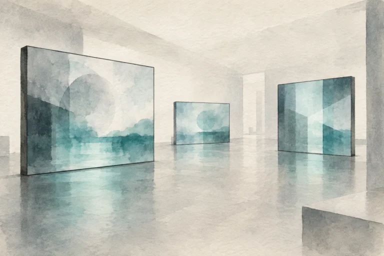 Conceptual watercolour illustration of three screens with abstract teal imagery in a fictional gallery.