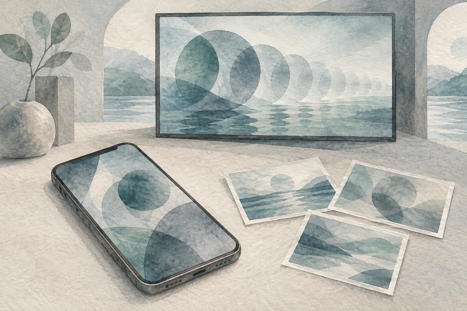 Kim Hee-cheon: Moles at Seo-Seoul Museum of Art — Visitor Guide 2 Conceptual watercolour illustration of a smartphone, three picture prints and a screen displaying abstract grey and teal forms.