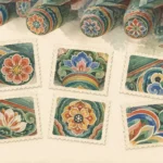 Watercolor concept art of six stamp-shaped dancheong pattern studies beneath colorful wooden beam ends.