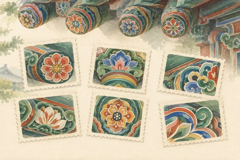 Watercolor concept art of six stamp-shaped dancheong pattern studies beneath colorful wooden beam ends.