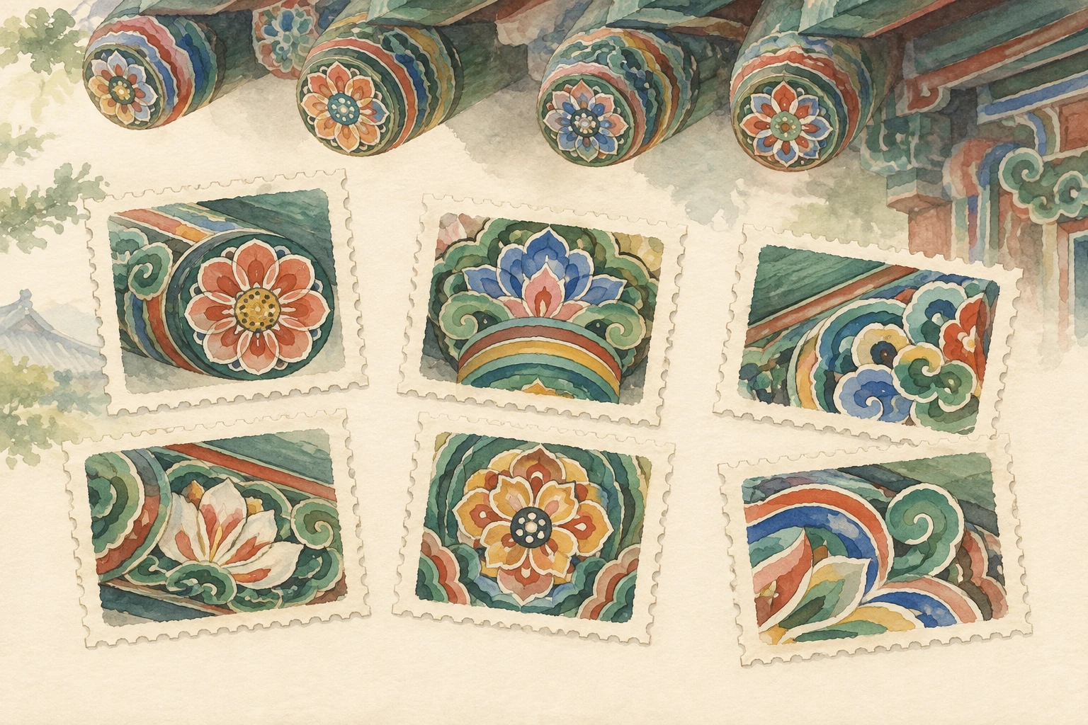 Watercolor concept art of six stamp-shaped dancheong pattern studies beneath colorful wooden beam ends.