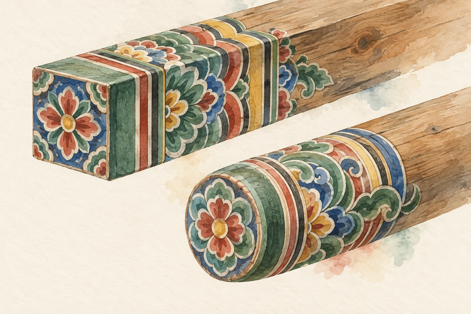 Korea Post Issues Dancheong Stamps Featuring Palace Meoricho 2 Watercolor concept art of rectangular and rounded wooden beam ends decorated with colorful meoricho motifs.