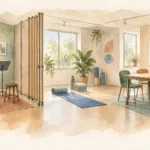 Watercolor concept art of flexible cultural activity space with a folding partition, guitar, yoga mats, and discussion table.
