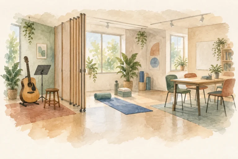Watercolor concept art of flexible cultural activity space with a folding partition, guitar, yoga mats, and discussion table.