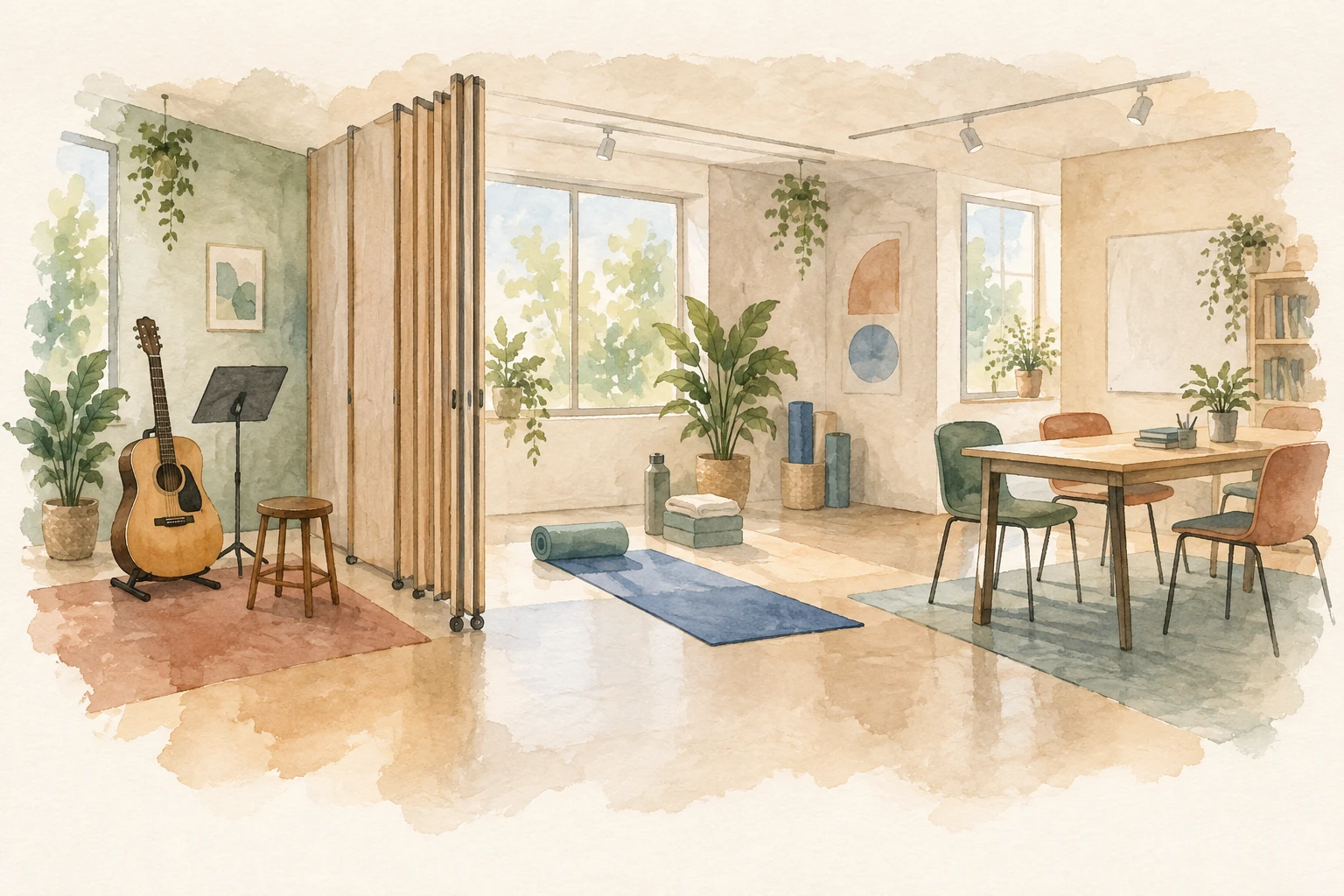 Watercolor concept art of flexible cultural activity space with a folding partition, guitar, yoga mats, and discussion table.