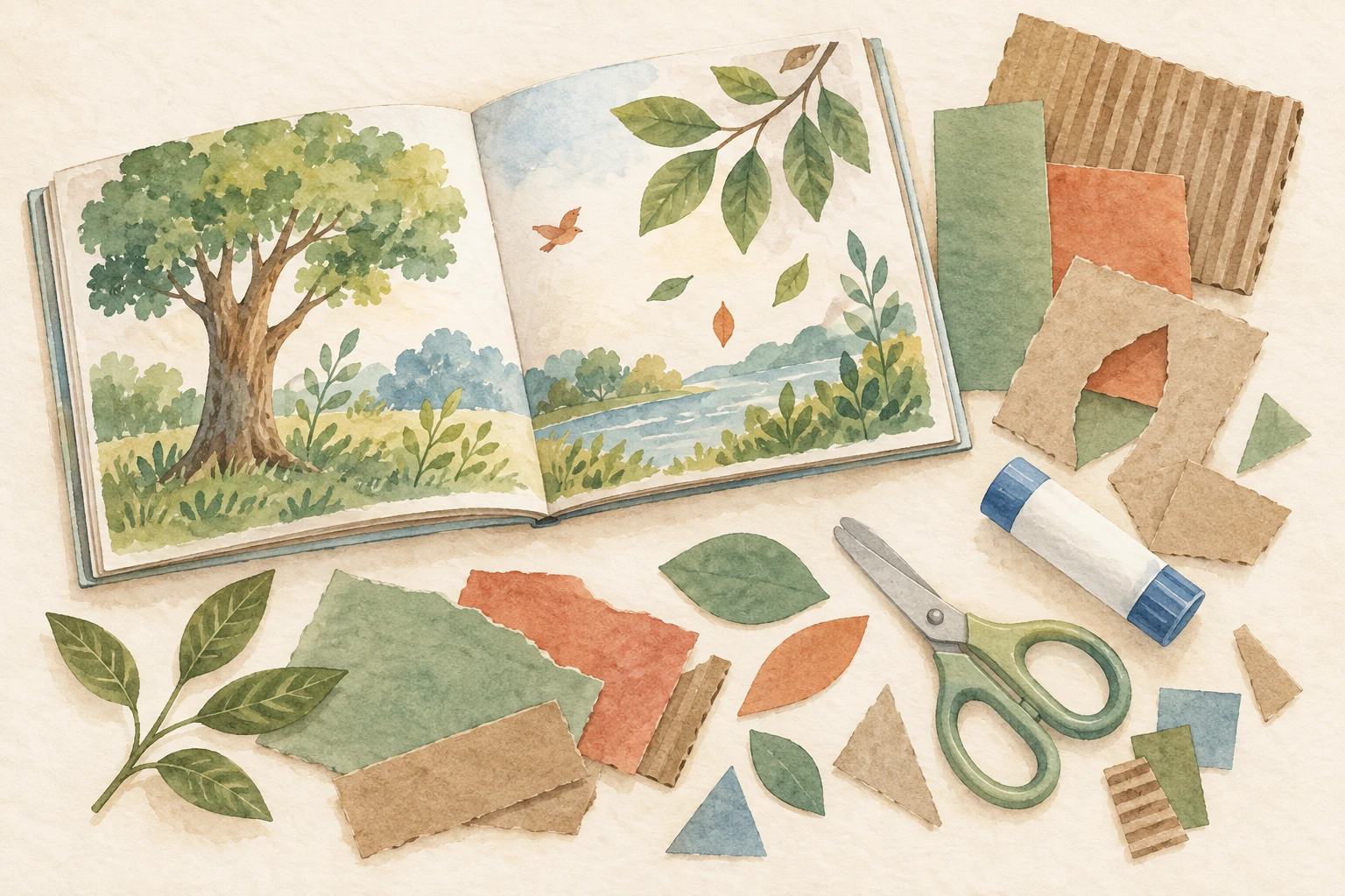 Watercolor concept art of a wordless nature storybook with reused paper, cardboard, scissors, and glue for upcycling crafts.