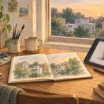 Watercolor concept art of a hobby-art desk with a sketchbook, paints, and drawing tablet overlooking a generic neighborhood at sunset.