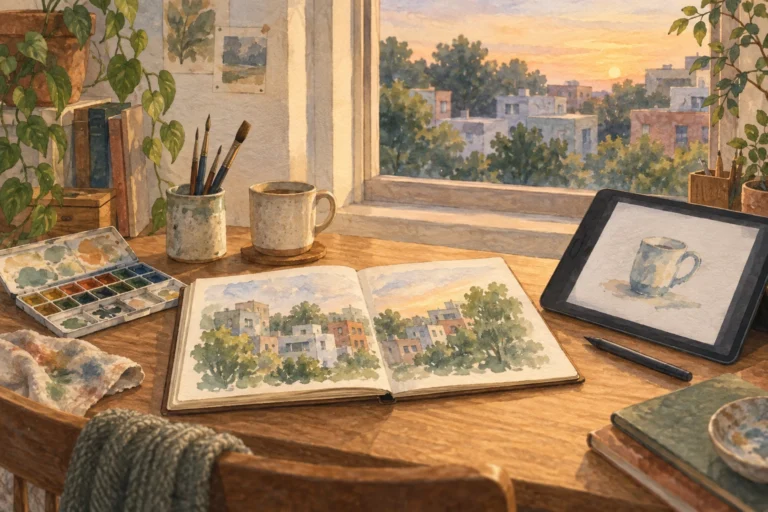 Watercolor concept art of a hobby-art desk with a sketchbook, paints, and drawing tablet overlooking a generic neighborhood at sunset.