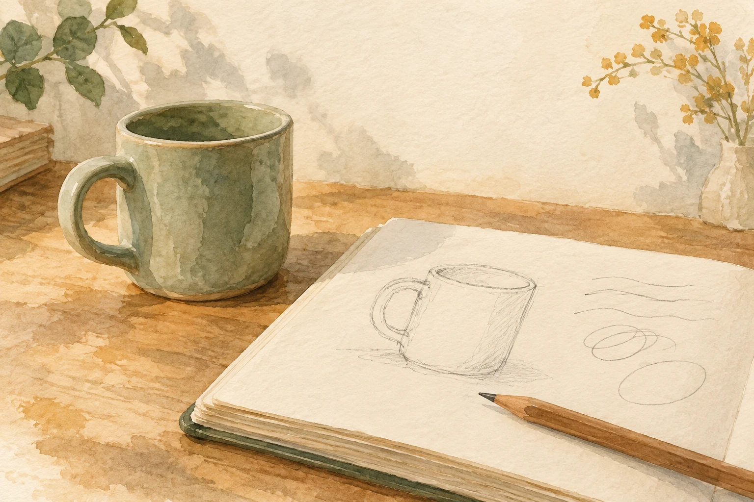 How South Korean Office Workers Reclaim Rest Through Hobby Art 2 Watercolor concept art of a ceramic mug beside a beginner’s pencil sketch and loose line exercises.