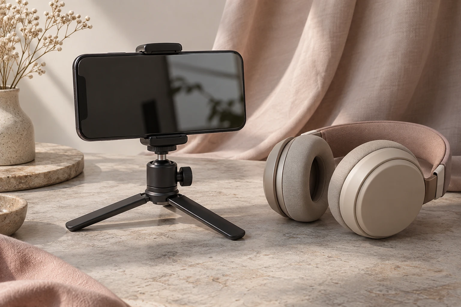 Conceptual still life of a smartphone on a tabletop tripod beside headphones in soft daylight.