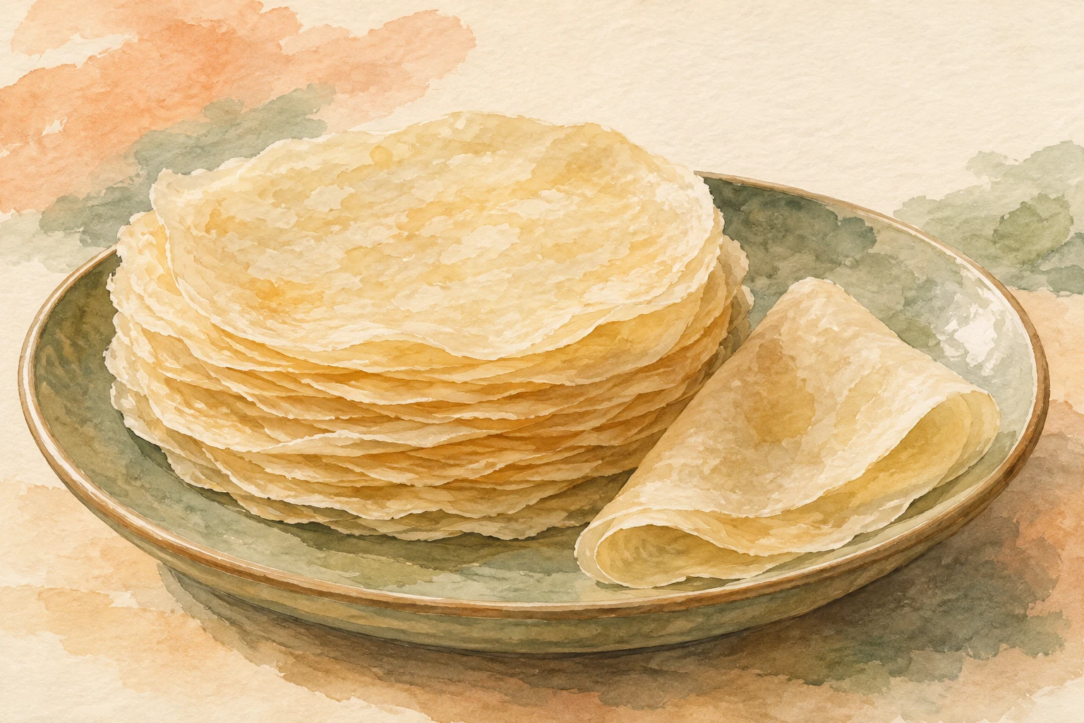 Watercolor concept art of thin wheat pancakes for gujeolpan wraps, stacked beside a folded pancake.
